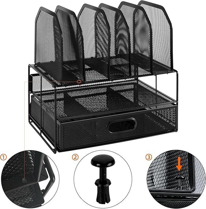 Amazon Basics Mesh Desk Organizer with Sliding Drawer, Double Tray and 5 Upright Sections, Black