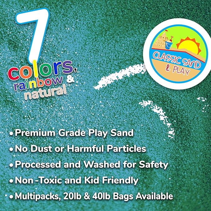 Classic Sand and Play Green Colored Play Sand, 20 lb. Bag, Natural and Non-Toxic, Fun Wet and Dry Indoor and Outdoor, Sandbox, Therapy, and Table Use, Building, Stimulate Sensory Needs