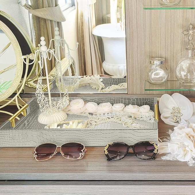 ATZYmolin 17" x 12" Wood Serving Tray with Gold Polished Metal Handles, Home Decorative Wooden Rectangle Ottoman Leather Decor Platter Bathroom Vanity Tray for All Occasions Alligator Silvery