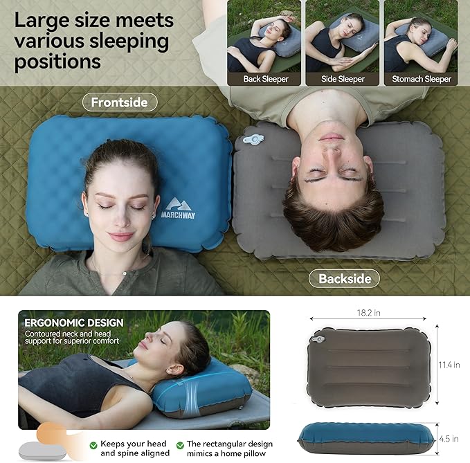 MARCHWAY Inflatable Camping Pillow with Soft Foam Top & TPU Air Bladder, Dual-Sided Support for All-Season, Lightweight Compact Travel Pillow for Hiking, Backpacking, Airplane, Car (Blue)