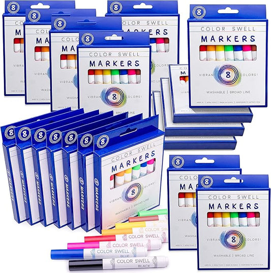 Color Swell Washable Bulk Markers Pack 18 Boxes of 8 Vibrant Colors (144 Total) Perfect Markers for Kids, Parties, Classrooms - Bulk Broad Line Markers