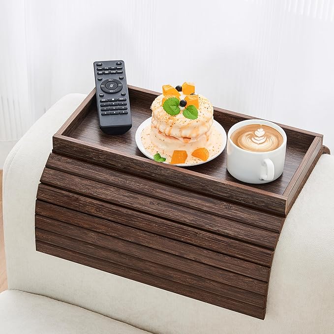 Couch Arm Tray, Anti-Falling Bamboo Sofa Armrest Tray Table, Foldable & Portable Armrest Cup Holder Side Table for Drinks, Coffee, Phone, Snacks, Remote