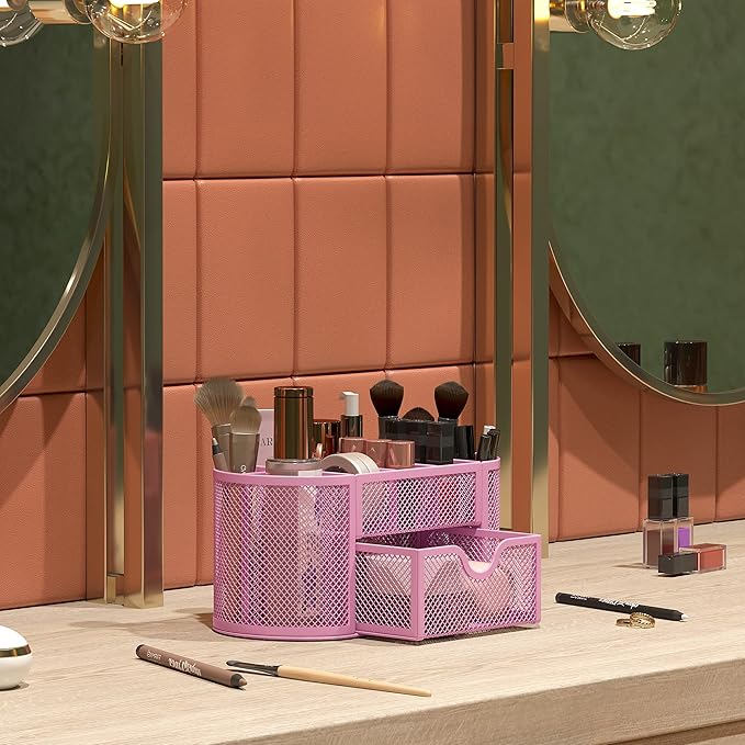 EasyPAG Mesh Pen Holder Desk Organizer with Drawer Stationery Supplies Organizer for Dorm School 9 Compartments Workspace Desk Accessories Organization for Office, Light Pink