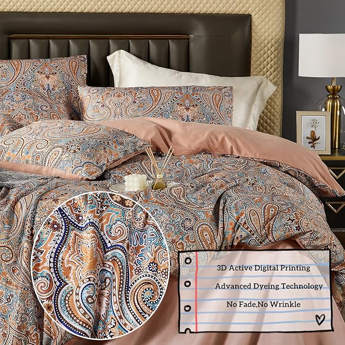 Gold Duvet Cover Set,5 PCS Medallion Paisley Print Comforter Cover Set,Bohemian Pattern Bedding Set,Vintage Style Flower Duvet Cover,Soft Reversible Design(Paisley,Queen)