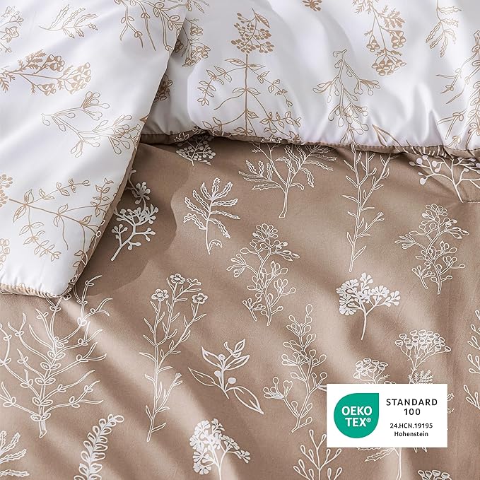Bedsure Full Comforter Set - Light Taupe Bed Set, 3 Pieces Cute Floral Bedding, 1 Soft Reversible Botanical Flowers Comforter and 2 Pillow Shams