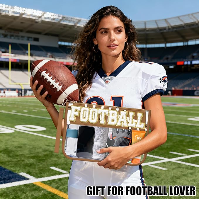 BuyCard Football Gifts Makeup Bag with Chenille Letter Patch, Clear Cosmetic Pouch PVC Organizer Purse, Waterproof Travel Bag, Portable Toiletry Storage Bag for Her Friends