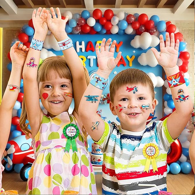 48PCS Airplane Party Favors - 24PCS Temporary Tattoos & 24PCS Airplane Slap Bracelets - Themed Birthday Party Supplies for Boys & Girls - Perfect Decorations, Gifts, School Prizes, Carnival Rewards
