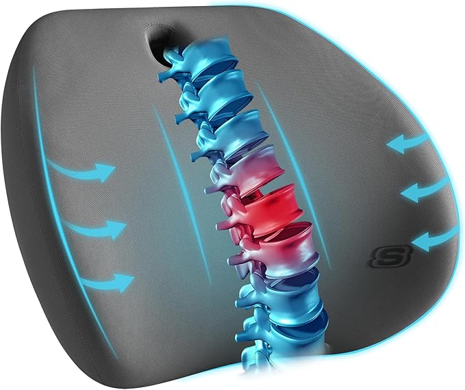 Skechers Lumbar Support Pillow for Office Chair,Memory Foam Lumbar Pillow,Lower Back Pain Relief Lumbar Pillow,Ergonomic Design Back Support Pillow for Office Chair,Car,Home,Travel,Gray