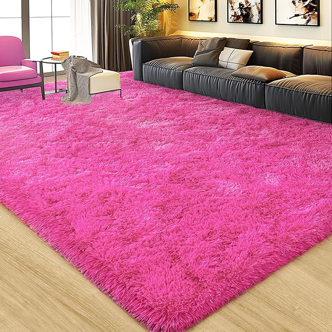 Xexsin Ultra Fluffy Area Rugs for Living Room Bedroom, 6x9 Fuzzy Large Living Room Rugs, Thick Shag Rug for Dorm, Soft Non Slip Kids Girls Boys Rug for Home Decor Aesthetic, Hot Pink
