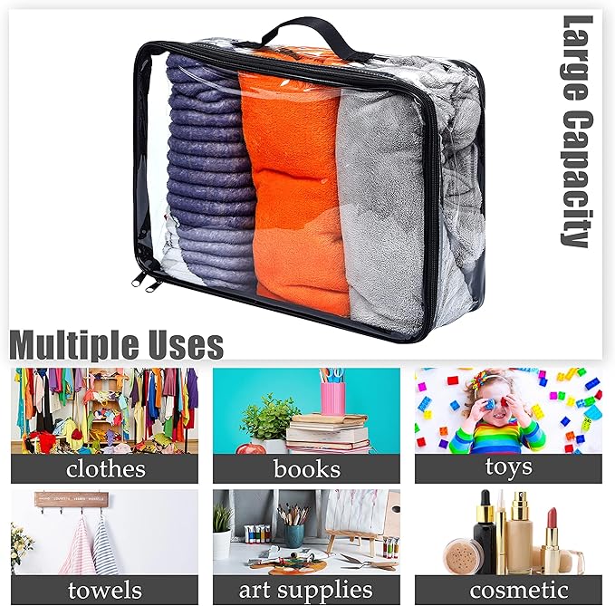 6 Pieces Large Clear Travel Packing Cube Clear Vinyl Zippered Storage Bags See Through Moving Bag PVC Multipurpose Pouch with Handle for Suitcase Shirts Dress Storage (Black, 15.8 x 10.2 x 3.9 Inch)