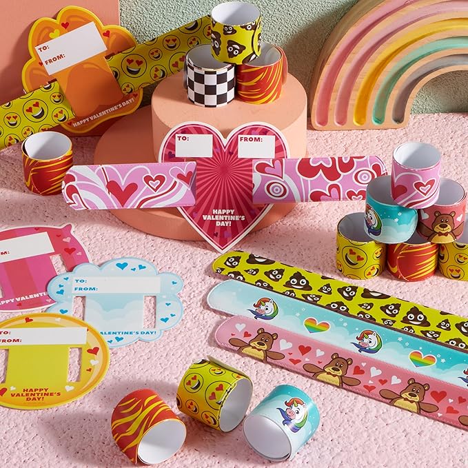 JOYIN 28 Packs Valentine's Day Slap Bracelet Set with Valentine Gift Cards for Classroom Exchange Prizes, Valentine Party Favors, Valentine’s Greeting Cards