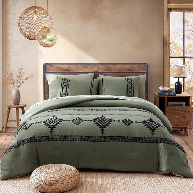 MaiRêve Embroidery Comforter Set, Boho Farmhouse Western Bedding Set, All Season Bed in A Bag Comforter Set with Sheets, Pillowcases & Shams, Olive Green King 7 Pieces