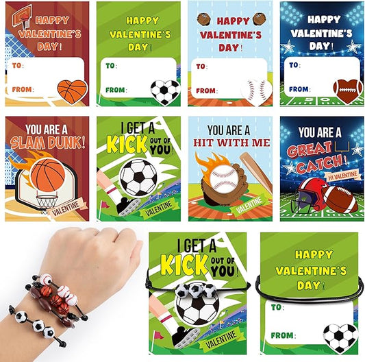 ANGOLIO 56Pcs Valentine's Day Cards for Kids with Ball Sport Bracelets, Valentine Exchange Gifts Classroom with Football Basketball Bracelets, School Friends Exchange Gift Party Favors for Girls Boys