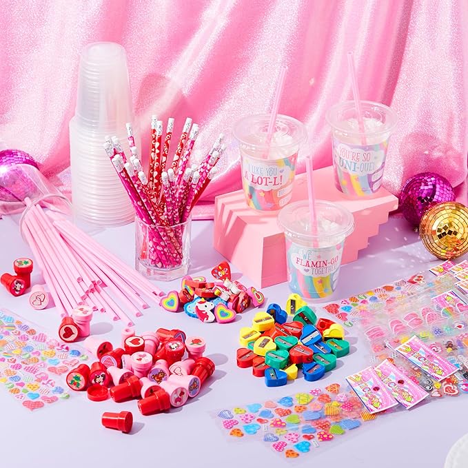 JOYIN 28 Packs Valentine's Day Stationery with Cup and Card, Exchange Gift for Kids with Pencils Stickers Erasers Stampers Sharpener, Holiday Reward Prizes