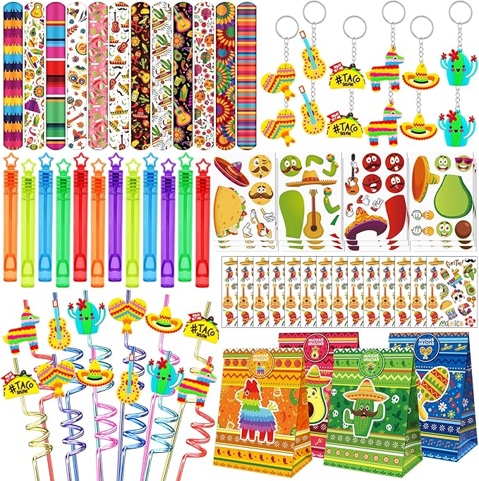 Erweicet Fiesta Party Favors 84 PCS Fiesta Mexican Theme Slap Bracelets DIY Stickers Tattoo Stickers Keychains Straws Gift Bags for Cinco De Mayo Theme Birthday Party Baby Shower