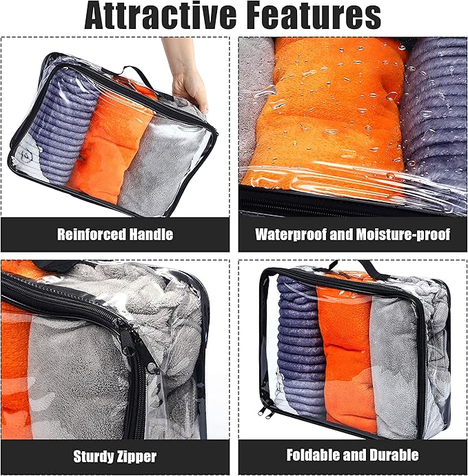 6 Pieces Large Clear Travel Packing Cube Clear Vinyl Zippered Storage Bags See Through Moving Bag PVC Multipurpose Pouch with Handle for Suitcase Shirts Dress Storage (Black, 11.8 x 10.2 x 3.9 Inch)