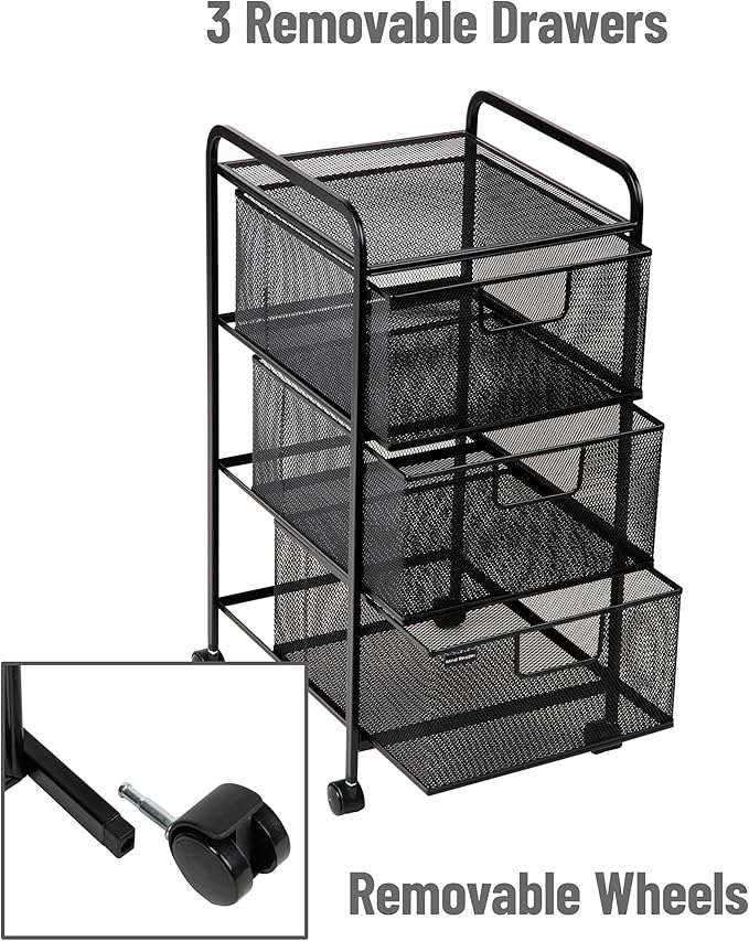 Mind Reader Office Storage Organizer with Mesh Drawers and Optional Wheels, Desktop and Under Desk Use, Metal Mesh, Black