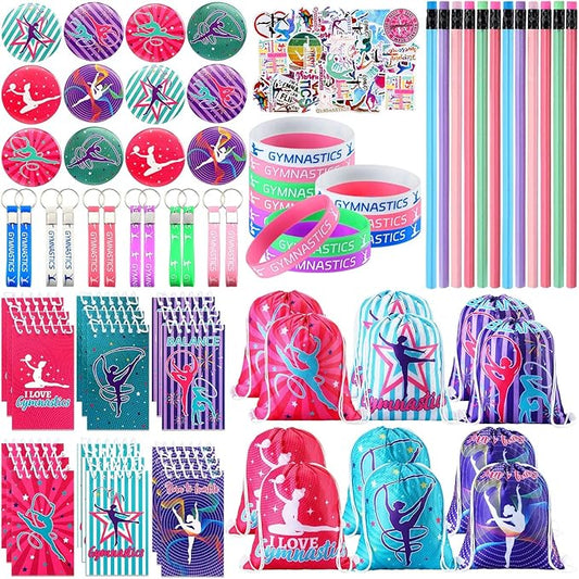 Lenwen 128 Pcs Gymnastics Party Favors Girl Gymnastics Drawstring Backpack Gymnastics Gift Gymnastics Stickers Glitter Pencils Keychain Spiral Notebook Button Pins Rubber Bracelets for Birthday Supply