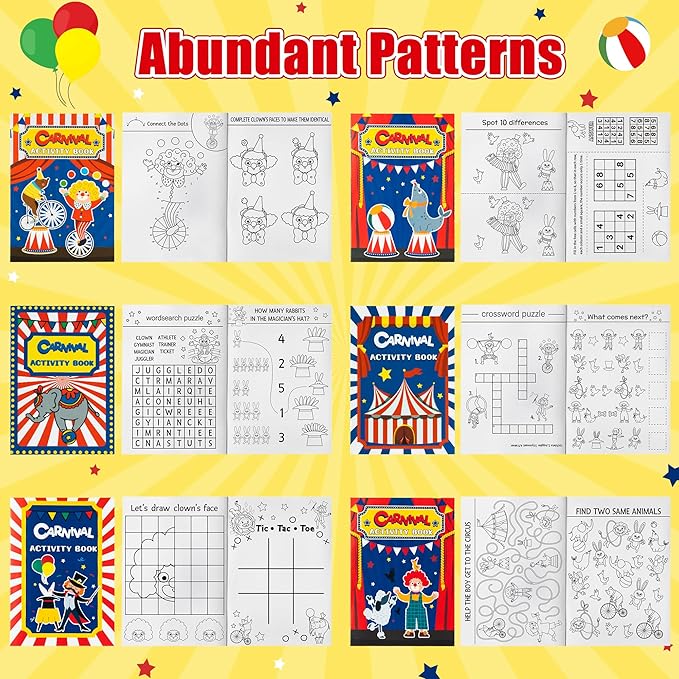 JAPBOR Carnival Activity Coloring Books - 48PCS Mini Circus Carnivals Activities Color Books Bulk for Kids Party Favors, Showman Themed Small Colouring Pages for Birthday Class Drawing Painting Game