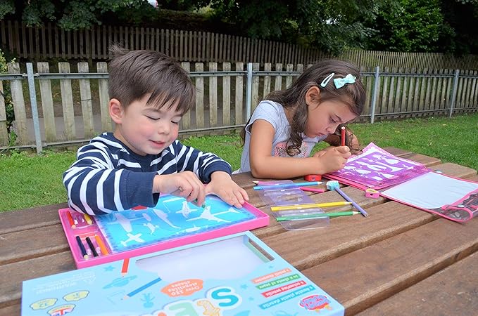 BUDDY & BARNEY Big Box of Stencils (Large 32-Piece Stencils Kit), 150+ Shapes: Animals, Letters, Numbers, & More, 6 Coloring Pencils, 5 Stencil Sheets, Paper, Drawing Stencils for Boys, Girls, Kids 4+