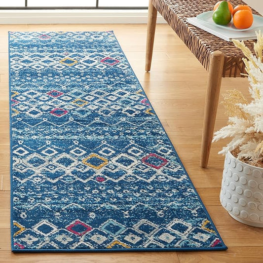 SAFAVIEH Amsterdam Collection Runner Rug - 2'3" x 14', Navy & Turquoise, Moroccan Boho Design, Non-Shedding & Easy Care, Ideal for High Traffic Areas in Living Room, Bedroom (AMS108M)