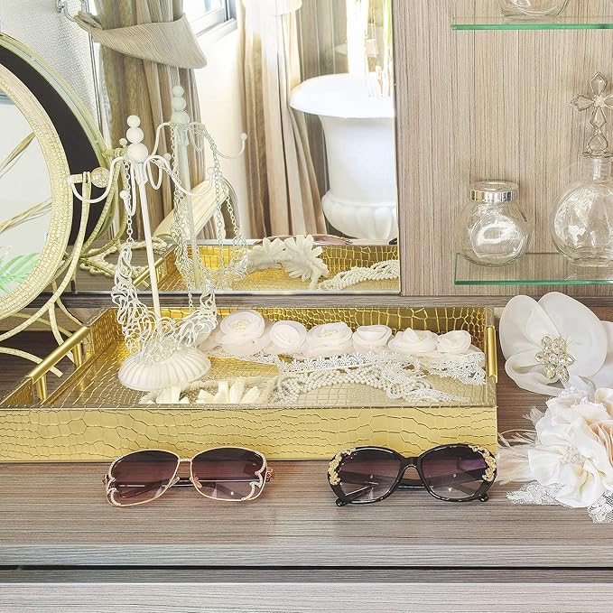 ATZYmolin 17" x 12" Wood Serving Tray with Gold Polished Metal Handles, Home Decorative Wooden Rectangle Ottoman Leather Decor Platter Bathroom Vanity Tray for All Occasions Alligator Gold