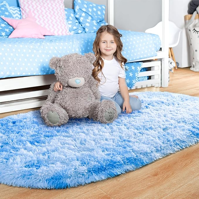 Noahas Oval Fluffy Blue Rainbow Rug 2.6X5.3 Small Kids Rugs for Bedroom Girls And Boys Aesthetic,Bedside Bedroom Rug,Ultra Soft Runner Carpet Modern Shaggy Nursery Area Rugs Home D飯r