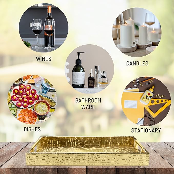 ATZYmolin 17" x 12" Wood Serving Tray with Gold Polished Metal Handles, Home Decorative Wooden Rectangle Ottoman Leather Decor Platter Bathroom Vanity Tray for All Occasions Alligator Gold