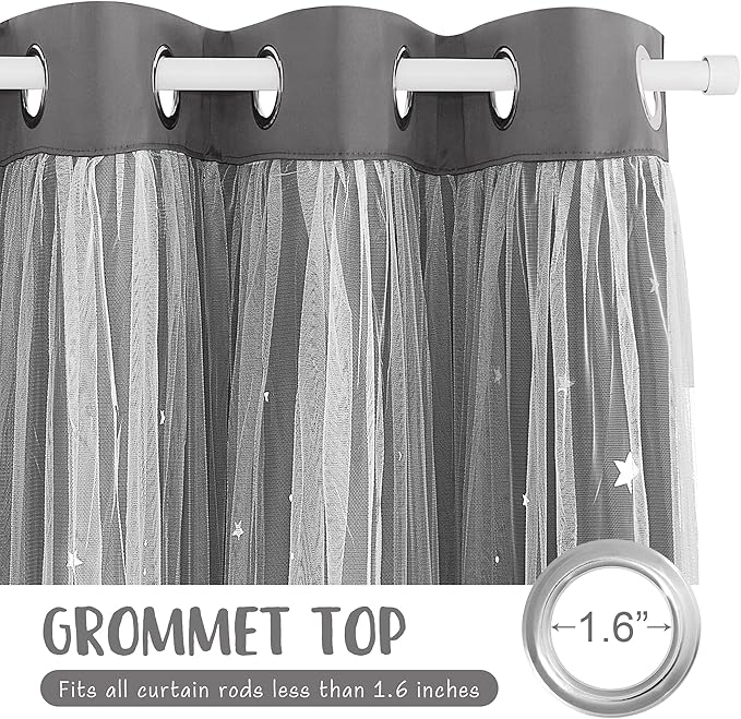 NICETOWN Star and Moon Hollow-Out Curtains for Kids Room, White Voile Overlay Princess with Blackout Curtains 2 Layer Grommet Window Drapes for Baby Bedroom/Halloween, 2 Panels (52W x 63L, Grey)