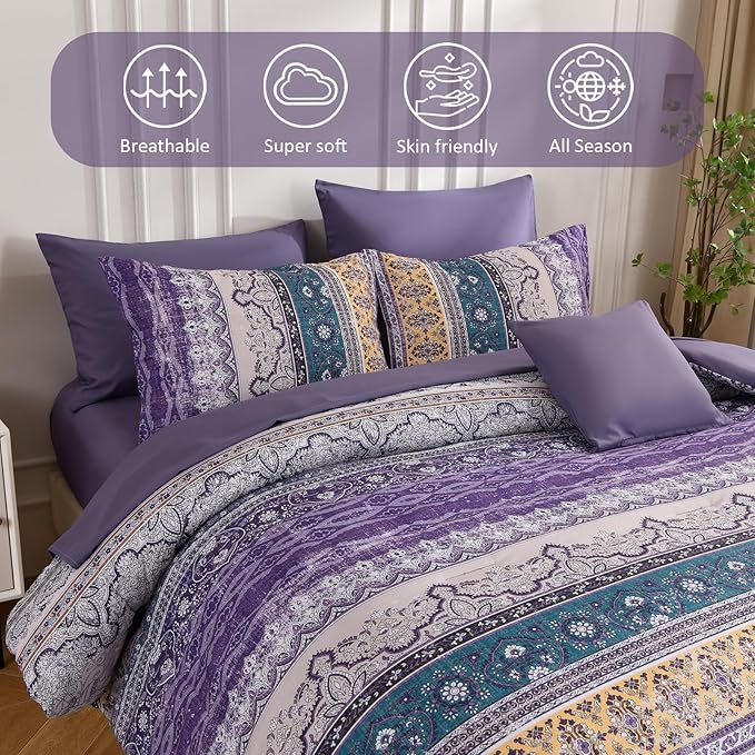 Cottolester Boho King Size Comforter Set 8 Pieces, Violet Bohemian Striped Bed in a Bag, Paisley Soft Microfiber Bedding Comforter Set
