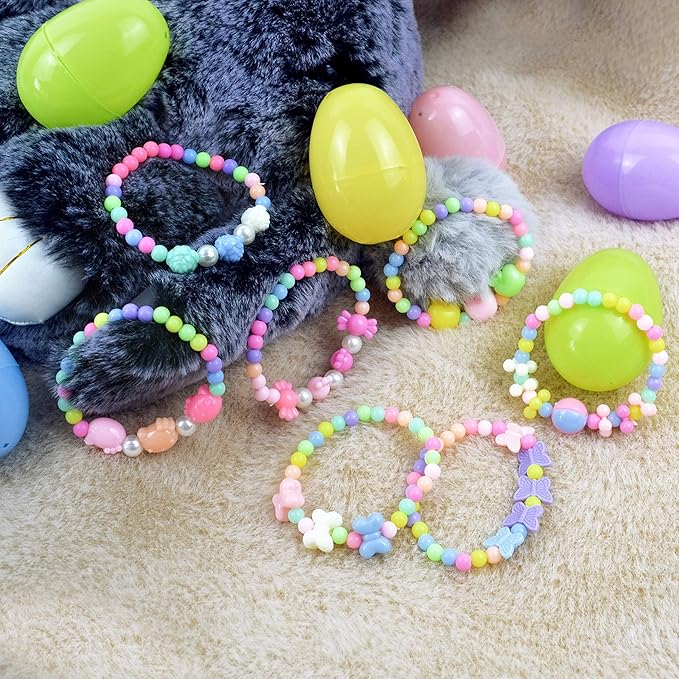 JOYIN 24 Pcs Prefilled Easter Eggs with Different Designs of Bracelets Girls Jewelry Set for Kids Easter Party Favor Easter Basket Stuffer Classroom Exchange and Prize Supplies (Candy)