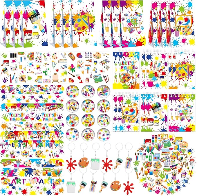 121PCS Art Party Favors Set, Paint Party Favors for Kids, 49 Stickers, 12 Tattoo Stickers, 12 Button Badges, 12 Mini Notepads, 12 Slap Bracelets, 12 Keychains, 12 Goodie Bags for Boys Girls Painting