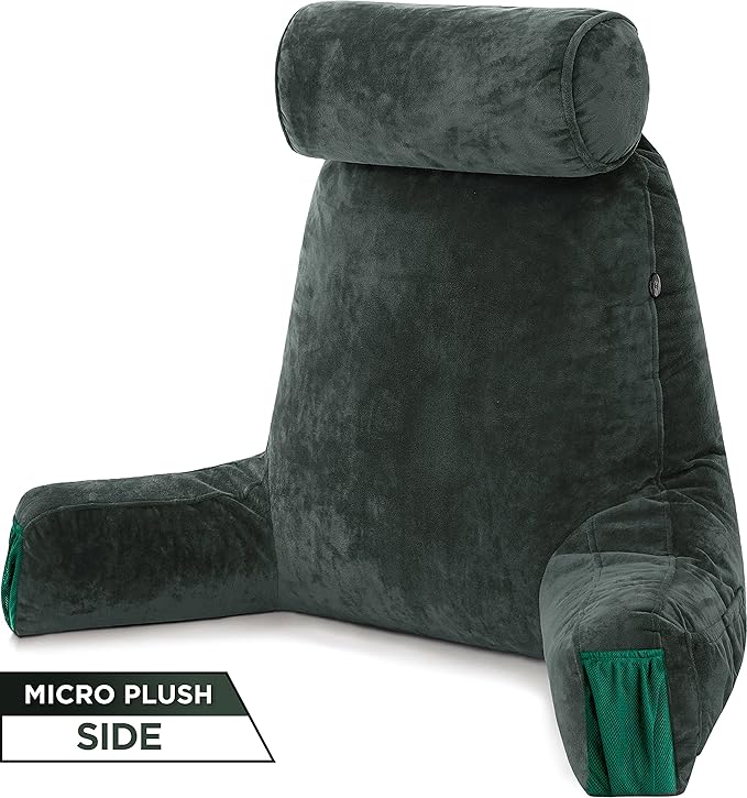 Husband Pillow Medium Aspen Edition Ramona Green, Sit Up Reading & Bed Rest with Arms, Ultra-Comfy, Detach Neck Roll - Premium Shredded Memory Foam Backrest, Reverses to Micro: Suede or Plush