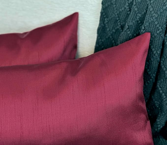 Aiking Home 12x24 Inches Faux Silk Rectangular Throw Pillow Cover, Zipper Closure, Burgundy (Set of 2)