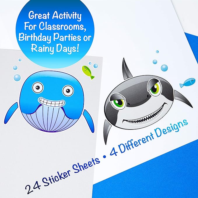24 Make A Big Sea Life Sticker Sheets - Orca Killer Whale, Humpback, Dolphin & Great White Shark Stickers - Great Addition to Mermaid Birthday Party Favors - Fun Activity That Encourages Creativity