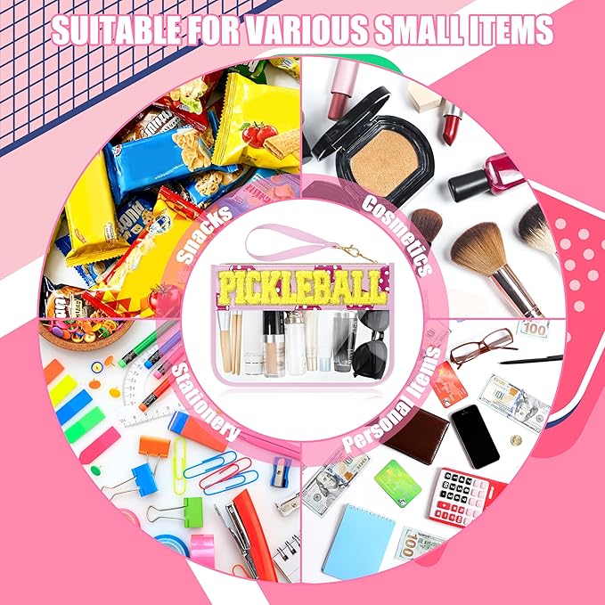 BuyCard Pickleball Gifts Makeup Bag with Chenille Letter Patch, Clear Cosmetic Pouch PVC Organizer Purse, Waterproof Travel Bag, Portable Toiletry Storage Bag for Her Friends