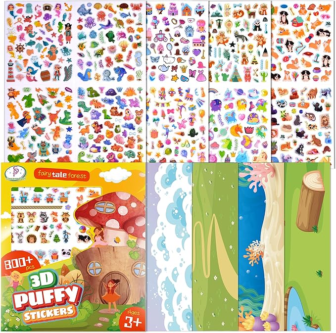 3D Puffy Stickers for Kids, 16 Diffrent Sheets Over 800, 4 DIY Scene Cards of Fairy Princess Unicorn Dinosaur Animal, Coloured 3D Stickers for Toddlers Teachers as Reward, Craft Scrapbooking