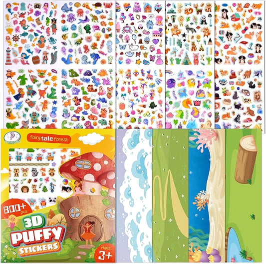 3D Puffy Stickers for Kids, 16 Diffrent Sheets Over 800, 4 DIY Scene Cards of Fairy Princess Unicorn Dinosaur Animal, Coloured 3D Stickers for Toddlers Teachers as Reward, Craft Scrapbooking