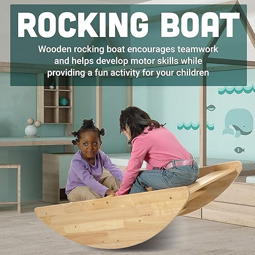 Constructive Playthings Wooden Rocking Boat for Children, Use as Playground Equipment, Daycare Furniture or for Home Use, Indoor and Outdoor Toddler Toys, Climbing Toy, Sits 4 Kids, 2 Years & Up