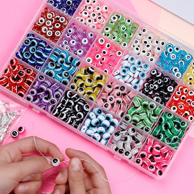 Incraftables Evil Eye Beads for Jewelry Making (24 Colors). Best Evil Eye Bracelets kit (720pcs). Round Glass Beads for DIY Charms & Necklace with Elastic String & Clasps