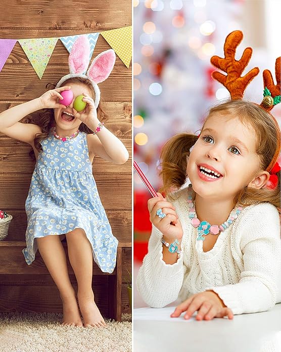 30 Pieces Girl Princess Necklace Bracelet Jewelry Set Includes 10 Sets Girls Beaded Necklace Bracelet and 10 Rings with Plastic Heart Shaped Box for Dress Up Party Cosplay Accessories