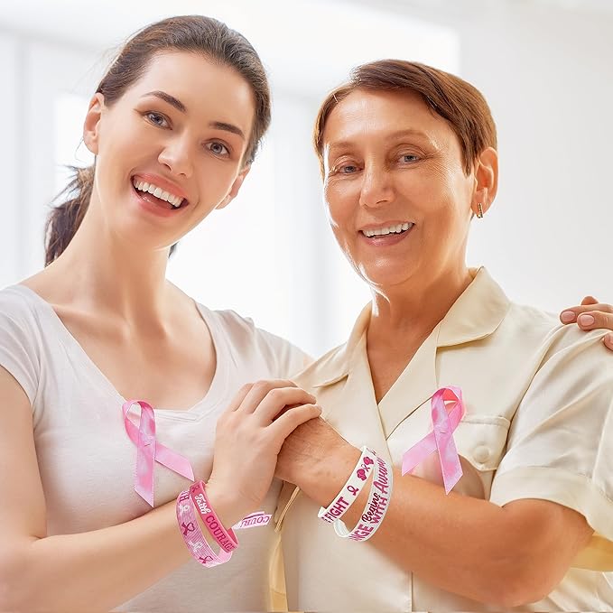 60 Pcs Breast Cancer Awareness Accessories Stuff ,Pink Ribbon Breast Cancer Awareness Silicone Bracelet Wristbands and Button Badges Pins Gifts for Women Girl Pink Party Favors