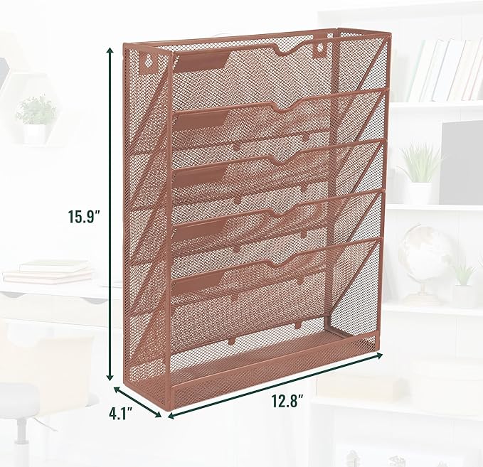EASEPRES 6 Tier Mesh Hanging Wall File Organizer, Desk Vertical Mail Paper Document Folder Holder Rack with Bottom Tray and Nametag Label for Office Home School, Brown