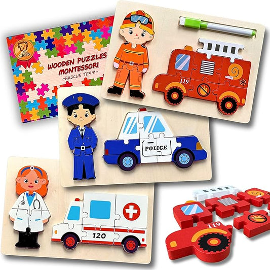 MASTER LEON - Wooden Toddler Puzzles 3-5 - Montessori Wooden Jigsaw Puzzle - Learning Educational Toy - Toddler Puzzle Vehicle Ages 3-4-5 Year Old - 3 Pack