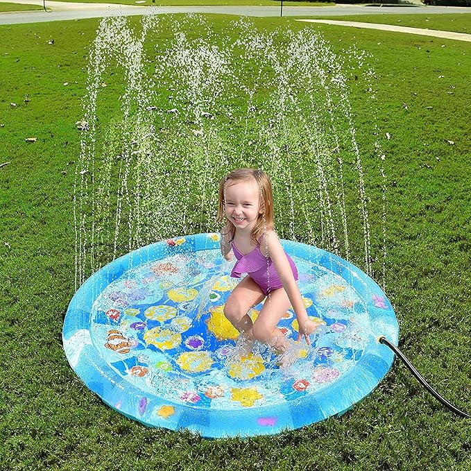 4 in 1 Splish Splash Learning Pad – Outdoor 60” Sprinkler Water Toy for Toddlers and Kids | USA Patented Swimming Ocean Animals | Inflatable Pool with Matching and Learning Games