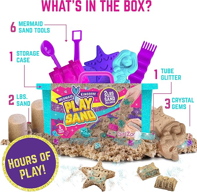 GirlZone Mermaid Sensory Sand Kit, 2lbs Moldable Play Sand for Kids Aged 3+, Magic Sand with Gems, Tools & Portable Treasure Chest, Kids Toys for Playdates, Party Games & Gifting