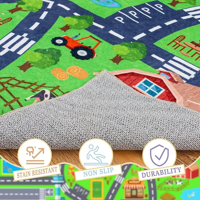 Kids Room Rug - Soft & Non-Slip 8x10 Ft Town Car Rug City Map Play Mat, Childrens Road Catpet Washable Rug for Classroom Nursery Bedroom Boys