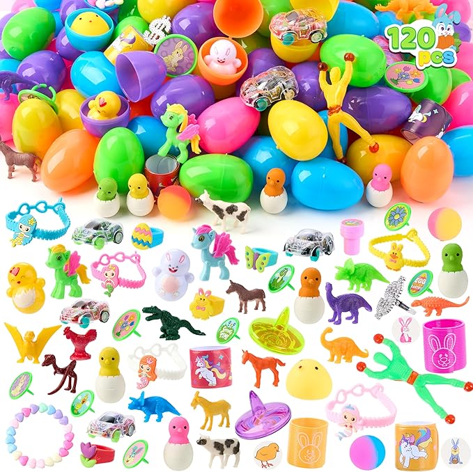 JOYIN 120 Pcs Prefilled Easter Eggs with Novelty Toys and Plus Stickers Inside, Plastic Easter Eggs Fillers, Basket Stuffers Egg Hunt Supplies, Theme Party Favor