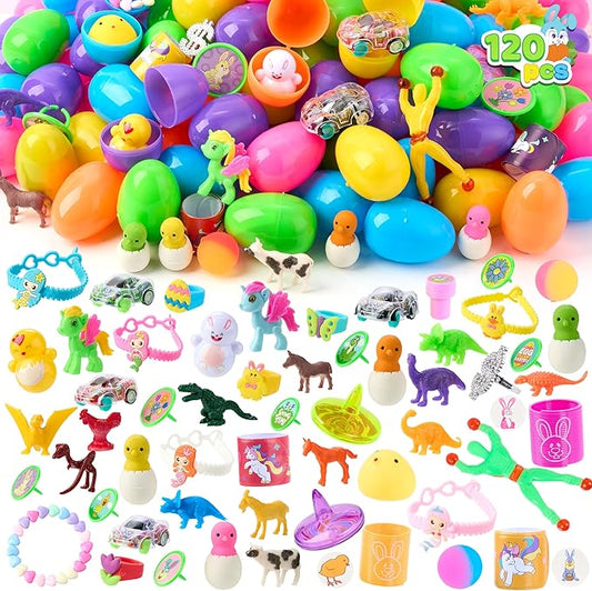 JOYIN 120 Pcs Prefilled Easter Eggs with Novelty Toys and Plus Stickers Inside, Plastic Easter Eggs Fillers, Basket Stuffers Egg Hunt Supplies, Theme Party Favor