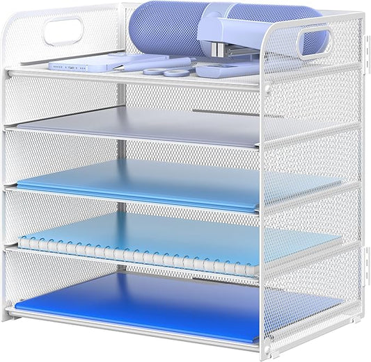 Letter Tray Paper Organizer 5-Tier Desk Organizer File Organizer Paper Holder with Handle, Metal Desktop Document Shelf Tray Office Classroom Organization - White